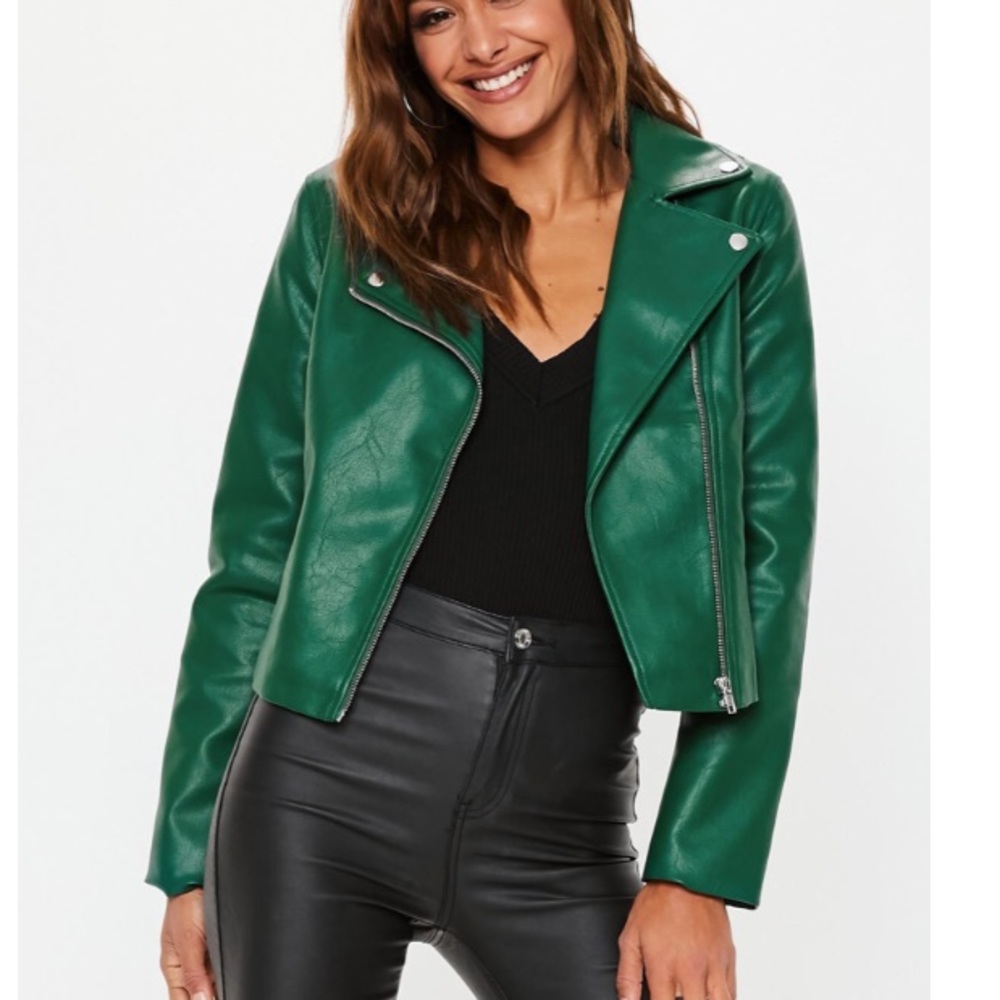 Missguided Green Faux Leather Biker Jacket